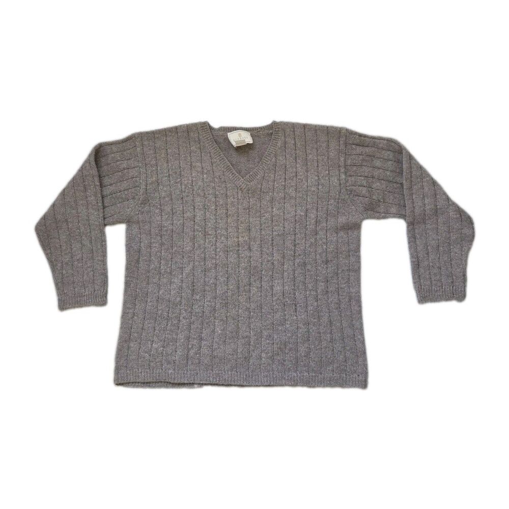 VTG Express Tricot Brown 100% Wool Ribbed V Neck Pullover Sweater Size L FAIR